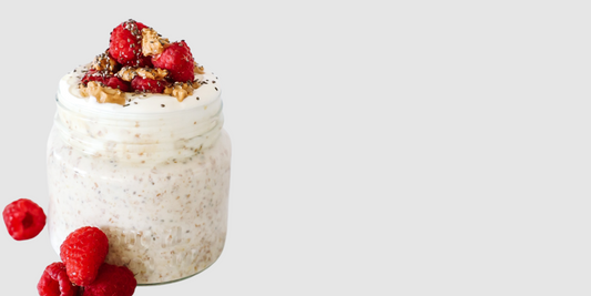 Peanut butter overnight oats topped with raspberries